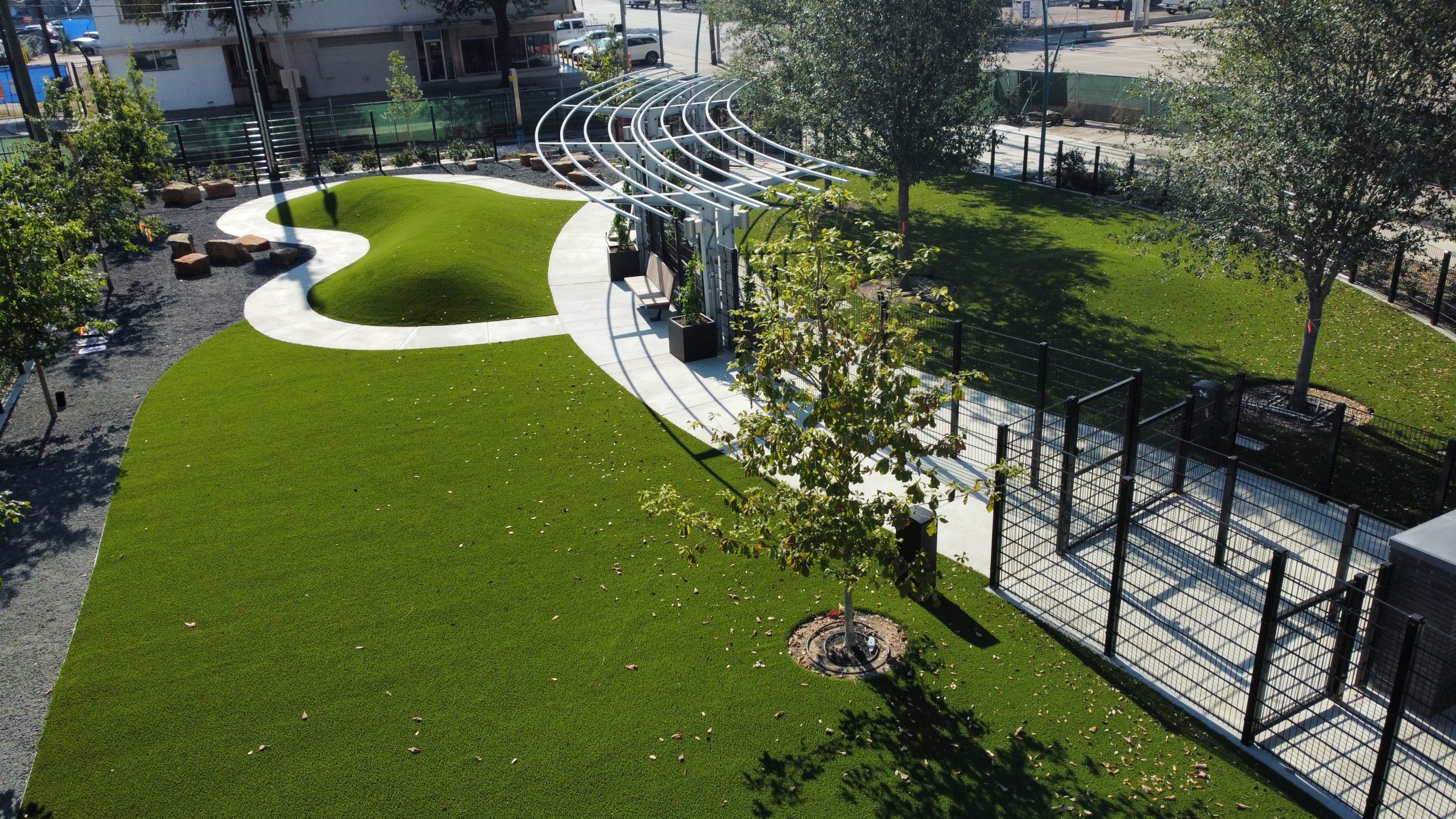 Drone shot of artificial grass dog park